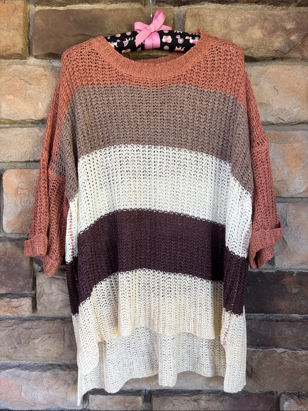 Striped Open Knit Crewneck Sweater - Rust, Taupe, Cream & Brown